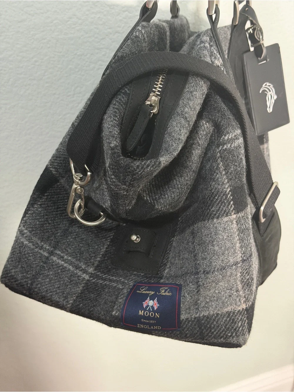Barbour Shadow Tartan Explorer Gray Plaid Weekender Bag with Black Leather Trim